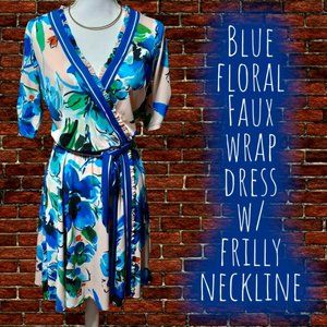 Blue Floral Faux Wrap Knee Length Dress w/Frilly Neckline